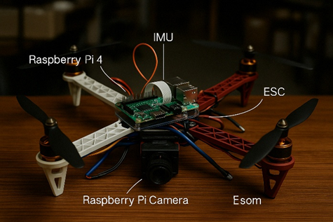 Veg quadcopter layout with Raspberry Pi 4, IMU, ESC and Pi camera labelled